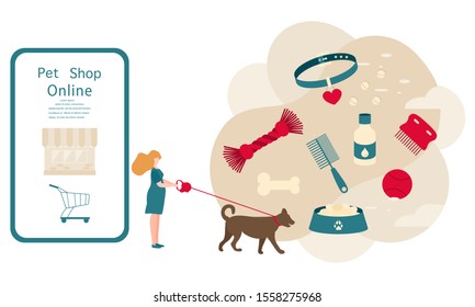 Vector illustration person walking with dog on leash and makes purchases in online pet shop Pet care accessory Bowl, food, collar, bone, vitamins, comb, toy Design for website, landing page, print