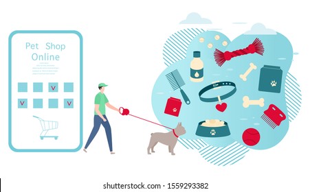 Vector illustration person walking with dog on leash and makes purchases in online pet shop Pet care accessory Bowl, food, collar, bone, vitamins, comb, toy Design for website, landing page, print