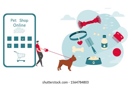 Vector illustration person walking with dog on leash and makes purchases in online pet shop Pet care accessory Bowl, food, collar, bone, vitamins, comb, toy Design for website, landing page, print