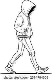 A vector illustration of a person walking with hands in pockets, wearing a hoodie, jeans, and sneakers, with the hood obscuring their face, creating a mysterious and casual look