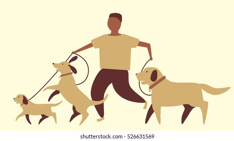 Vector illustration of a person walking three dogs