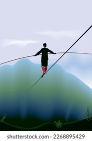 vector illustration of the person walking a tightrope in the mountains, blue sky, clouds, balance concept.