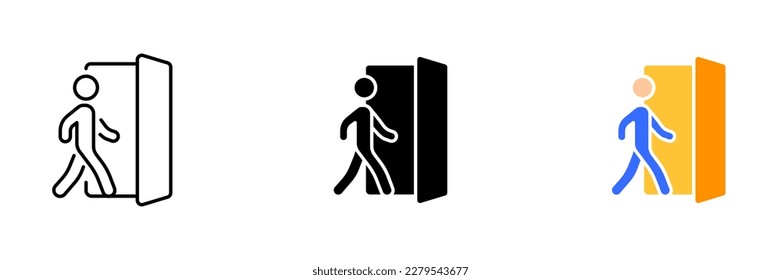 A vector illustration of a person walking towards an exit sign. Vector set of icons in line, black and colorful styles isolated.