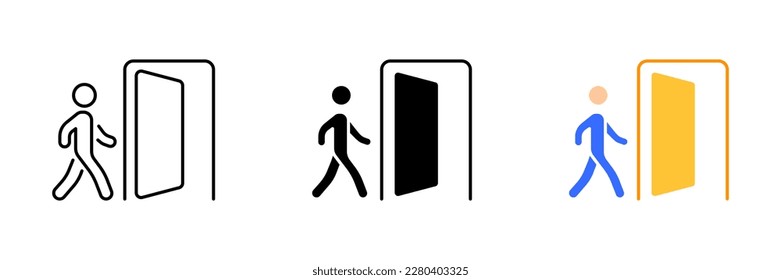 A vector illustration of a person walking towards an exit sign. Vector set of icons in line, black and colorful styles isolated.