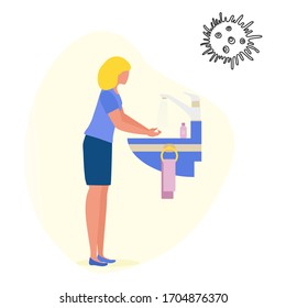 Vector illustration Person washes hands Coronavirus COVID-19 Hand washing Stop spread of corona virus Pandemic Respiratory 2019-nCoV protection, infection prevention. Health, medicine Design for print