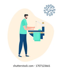 Vector illustration Person washes hands Coronavirus COVID-19 Hand washing Stop spread of corona virus Pandemic Respiratory 2019-nCoV protection, infection prevention. Health, medicine Design for print