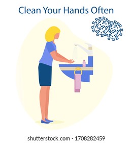 Vector illustration Person washes hands Coronavirus COVID-19 Hand washing Stop spread of corona virus Pandemic Respiratory 2019-nCoV protection, infection prevention. Health, medicine Design for print