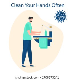 Vector illustration Person washes hands Coronavirus COVID-19 Hand washing Stop spread of corona virus Pandemic Respiratory 2019-nCoV protection, infection prevention. Health, medicine Design for print