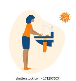 Ilustración vectorial La persona lava las manos debido al Coronavirus (COVID-19).   Lavado de manos Parada de propagación de la pandemia del coronavirus.  Protección contra la infección respiratoria, prevención desde 2019-nCoV. Salud, medicina Diseño para impresión