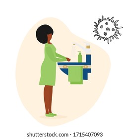 Vector illustration Person washes hands Coronavirus COVID-19 Hand washing Stop spread of corona virus Pandemic Respiratory 2019-nCoV protection, infection prevention. Health, medicine Design for print