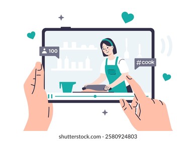 Vector illustration of a person watches a video recipe on a tablet, where a food blogger rolls out dough. Hands are holding a tablet, on which a video on a culinary topic is playing