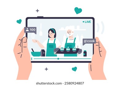 Vector illustration of a person watching a video recipe on a tablet where food bloggers are cooking muffins together. Hands are holding a tablet on which a video on a culinary topic is playing