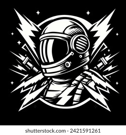 Vector illustration of a person wearing an astronaut helmet, black and white