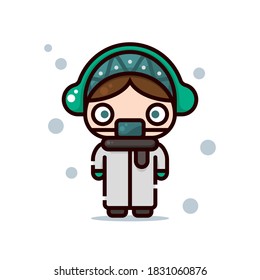 Vector illustration of a person wearing ear muff, protective medical mask, scarf, and other winter outfit.