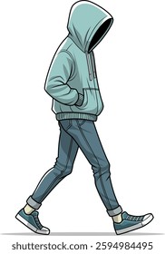 A vector illustration of a person wearing a hooded sweatshirt, jeans, and sneakers, walking with hands in pockets, with the face obscured by the hood, creating a mysterious and casual appearance