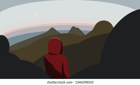 Vector illustration of a person wearing a red hoodie looking at the mountaintop landscape on sunrise