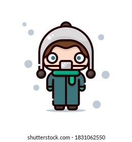 Vector illustration of a person wearing ski hat, protective medical mask, scarf, and other winter outfit.