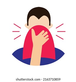 Vector illustration of a person who coughs or sneezes needs to cover with a handkerchief or tissue. colored Red.