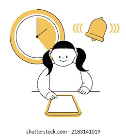 Vector illustration of a person who decides the time and uses a tablet.
