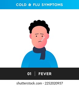 Vektorgrafik einer Person, die Fieber, Fieber empfindet. Ein Mann mit hoher Temperatur, mit einem Thermometer im Mund und einem Schal um den Hals. Grippe oder kalte Symptome.