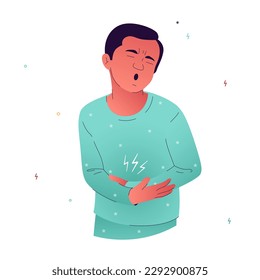 Vektorgrafik einer Person, die Unwohlsein empfindet. Eine Person in einer leicht gebogen Position hält den Magen mit der Hand und leidet an Übelkeit. Erkrankungen des Gastrointestinaltrakts.