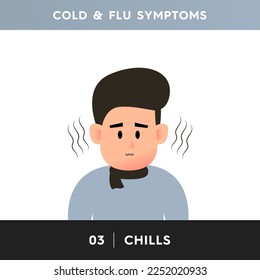 Vector illustration of a person who is feeling chills and shivering from the cold. A man with a scarf around his neck feels cold and shivering in his body. Symptoms of flu, cold, fever, infection.