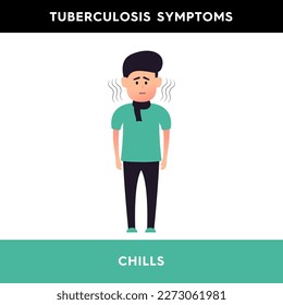 Vector illustration of a person who feels chills and shivering from the cold. A man with a scarf around his neck feels cold and shivering all over his body. Tuberculosis symptoms. 