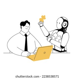 A vector illustration of a person who gets a hint from AI and works on a laptop computer.