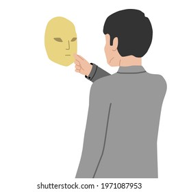 Vector illustration of a person who hides his identity. A mysterious young man holds a theater mask in his hand and looks at it. The concept of imposter syndrome.