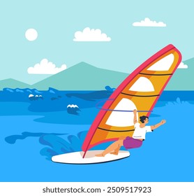 A vector illustration of a person windsurfing in the ocean with waves and mountains in the background. Perfect for adventure sports designs.