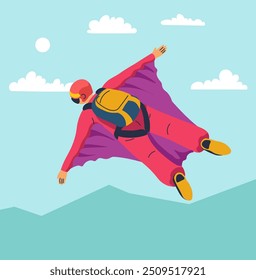 A vector illustration of a person wingsuit flying in a bright pink suit over mountains. Suitable for sports-themed designs and adventure graphics.
