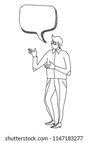 Vector illustration of a person without a face who speaks about something. Black and white sketch. 