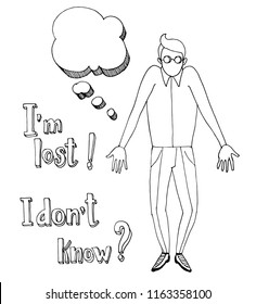 Vector illustration of a person without a face who was lost. Black and white sketch. 