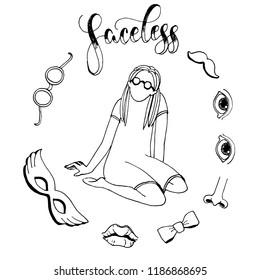  Vector illustration of a person without a face and parts of the face. Black and white sketch. 
