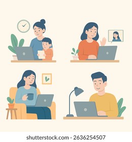 Vector illustration of a person working from home in a cozy and productive environment.