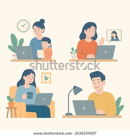 Vector illustration of a person working from home in a cozy and productive environment.