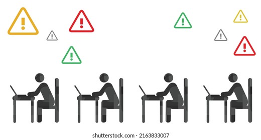 ilustración vectorial de la persona que trabaja en la oficina y signos de exclamación 