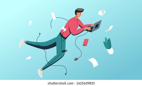 Vector illustration of a person working on a laptop while floating around the room