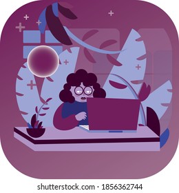 The vector illustration of the person working on a laptop at home