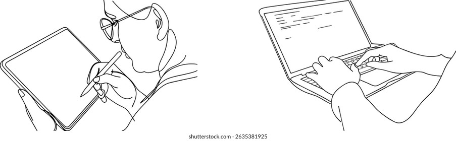 Vector illustration of person working on tablet and laptop using continuous line drawing