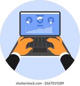 Ilustração vetorial de uma pessoa trabalhando em um notebook, criando um relatório ou analisando dados, simbolizando trabalho remoto, análise de negócios, produtividade e documentação digital.