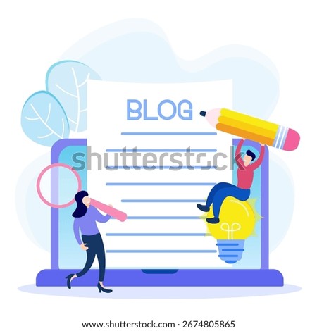 Vector illustration of a person writing on a laptop. Concept for blogging, education, creative writing, content management for web pages, banners, presentations, and social media.
