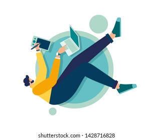 Vector Illustration Of A Person In Zero Gravity At Work, Business And Document Management, Thinking And Brainstorming. Analytics Information About The Company