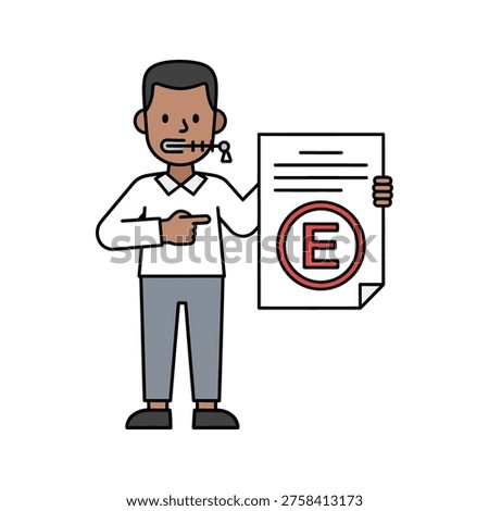 Vector illustration of a person with a zipper across their mouth holding a paper with an 'E' symbol. Clean design, ideal for concepts of silence confidentiality or restricted information. Use for business, legal, or communication themes.