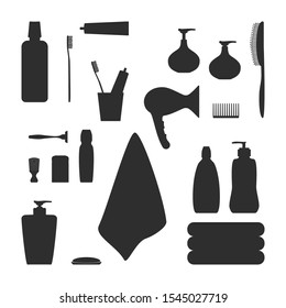 Vector illustration of personal care items. 20+ different silhouettes isolated on white. Personal hygiene, hair, skin and tooth care signs. Fully editable objects for your own projects.