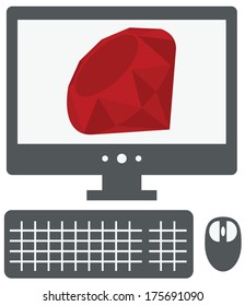 vector illustration of personal computer with ruby sign on the screen, isolated web site development  icon on white background