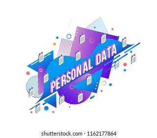 Vector illustration of Personal Data text design with isometric sign and calendars on abstract gradient blue and violet geometric shapes and textures isolated on white background.