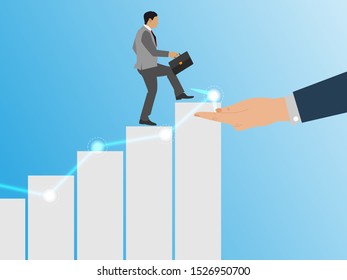 Vector illustration. Personal development concept. Future success. first step. Businessman start climbing stair for successful career achievement, development growth progress vision future
