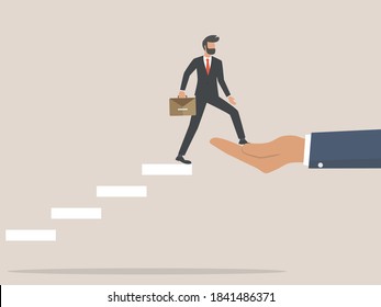 Vector illustration. Personal development concept. Future success. first step. Businessman start climbing stair for successful career achievement, development growth progress vision future