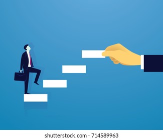 Vector illustration. Personal development concept. Future success. first step. Businessman start climbing stair for successful career achievement, development growth progress vision future